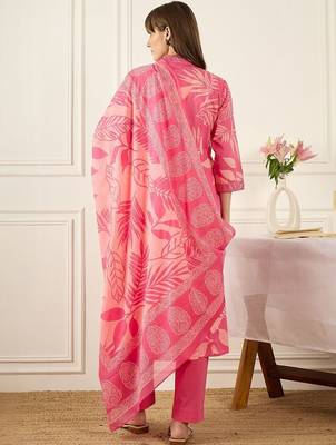 Floral Printed Thread Work  Cotton Kurta With Palazzos & Dupatta 5
