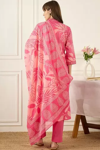 Floral Printed Thread Work  Cotton Kurta With Palazzos & Dupatta
