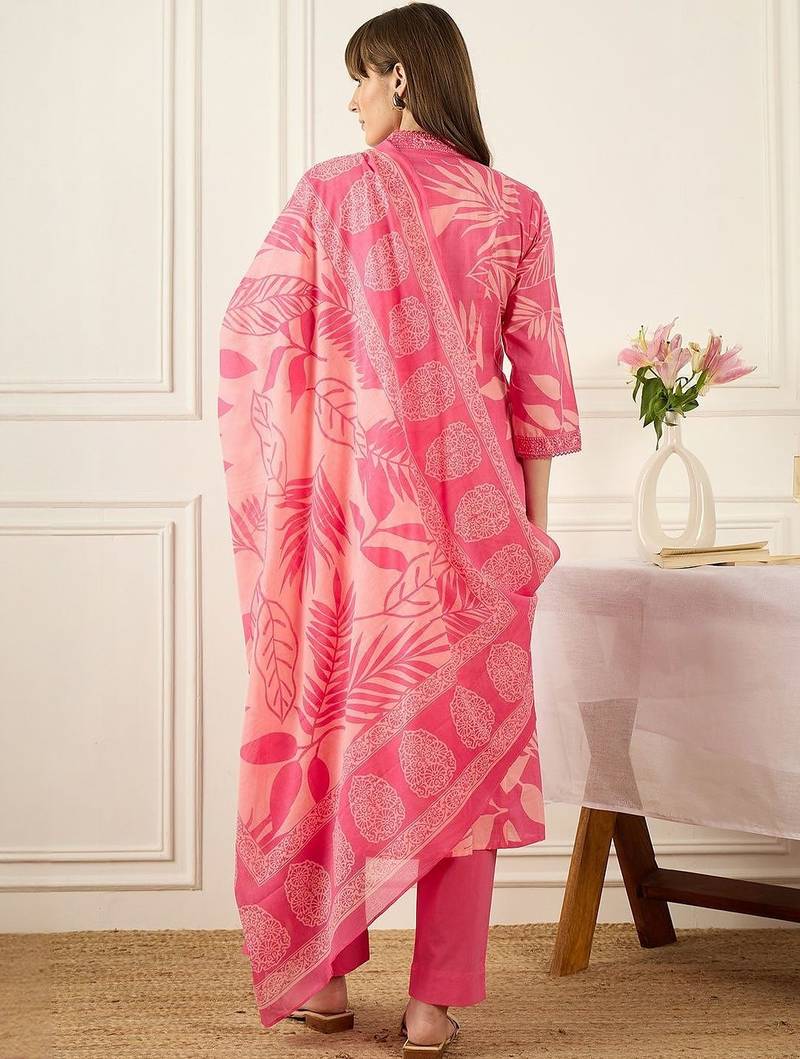 Floral Printed Thread Work  Cotton Kurta With Palazzos & Dupatta