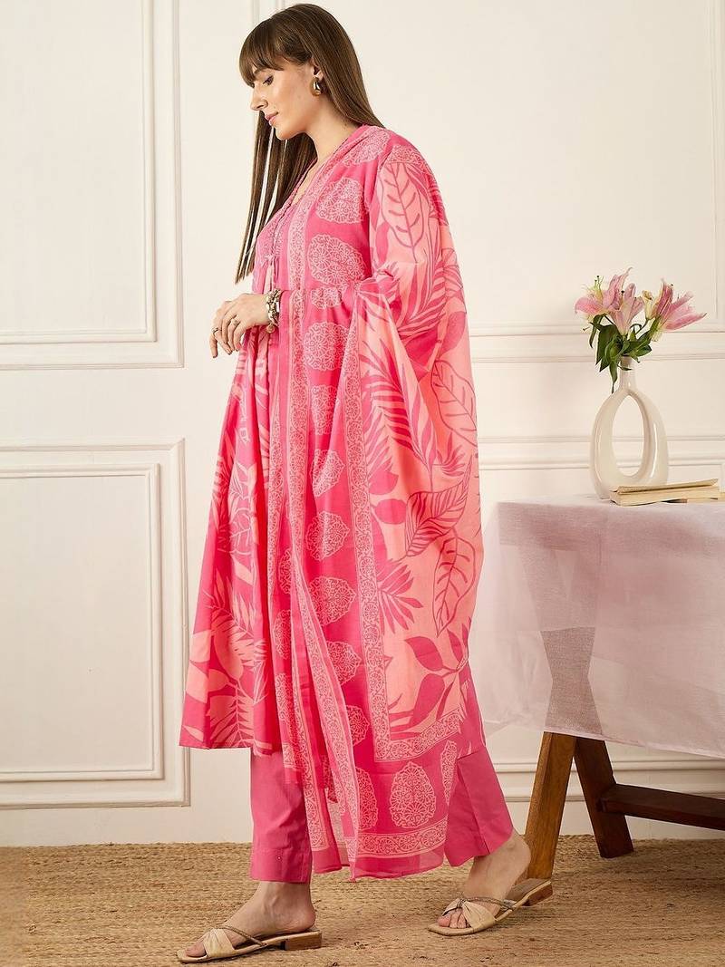 Floral Printed Thread Work  Cotton Kurta With Palazzos & Dupatta