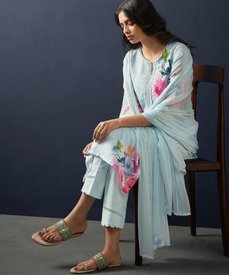 Floral Printed Regular Linen Straight Kurta With Trousers & Dupatta 1