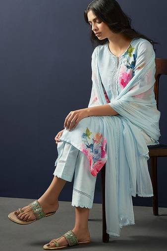 Floral Printed Linen Straight Kurta With Trousers & Dupatta