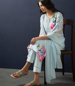 Floral Printed Regular Linen Straight Kurta With Trousers & Dupatta
