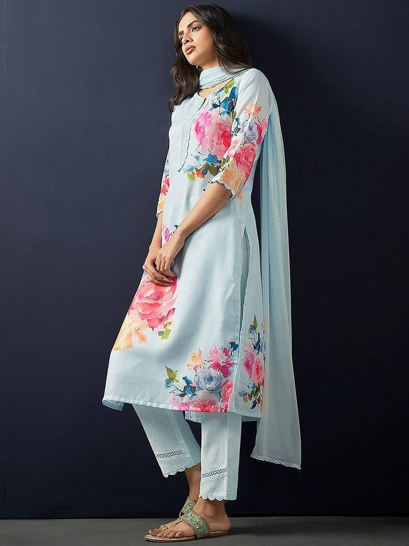 Floral Printed Regular Linen Straight Kurta With Trousers & Dupatta