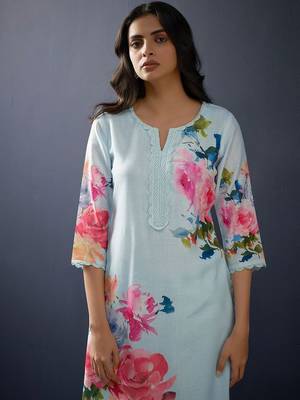 Floral Printed Regular Linen Straight Kurta With Trousers & Dupatta 3