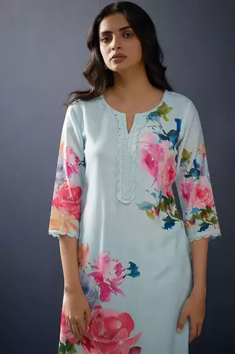 Floral Printed Regular Linen Straight Kurta With Trousers & Dupatta