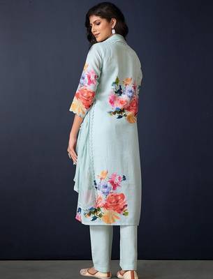 Floral Printed Regular Linen Straight Kurta With Trousers & Dupatta 4