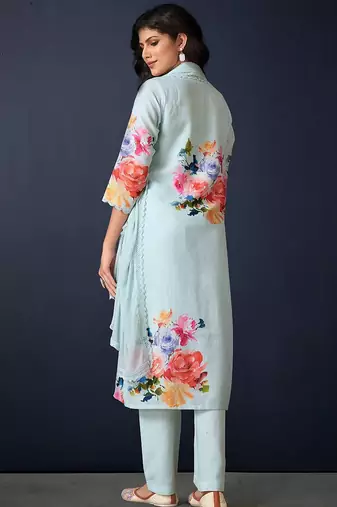 Floral Printed Regular Linen Straight Kurta With Trousers & Dupatta