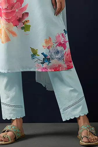 Floral Printed Regular Linen Straight Kurta With Trousers & Dupatta