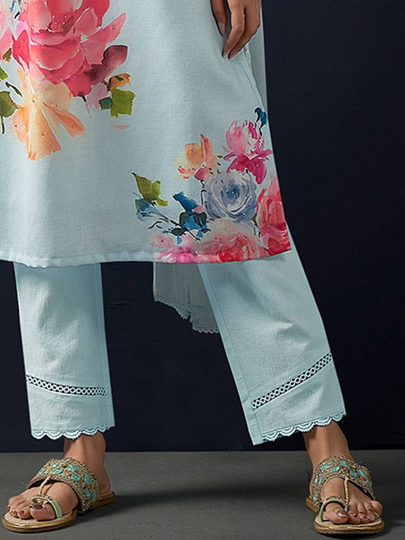 Floral Printed Regular Linen Straight Kurta With Trousers & Dupatta