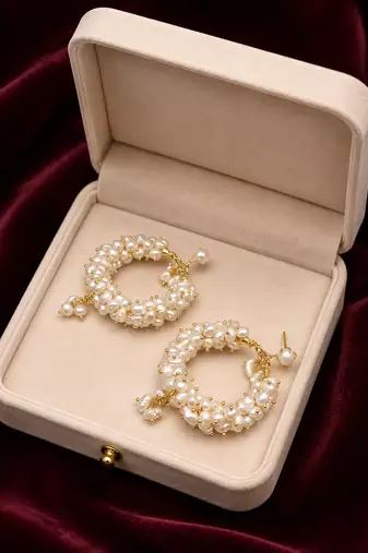 Freshwater pearl cluster hoop earrings with gold accents