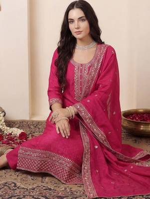 Women Ethnic Motifs Embroidered Regular Chanderi Cotton Kurta with Trousers & With Dupatta 1