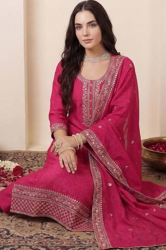 Women Ethnic Motifs Embroidered Chanderi Cotton Kurta with Trousers & With Dupatta