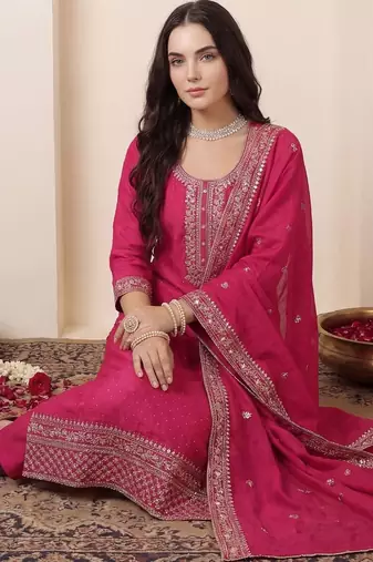 Women Ethnic Motifs Embroidered Regular Chanderi Cotton Kurta with Trousers & With Dupatta