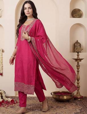 Women Ethnic Motifs Embroidered Regular Chanderi Cotton Kurta with Trousers & With Dupatta 2