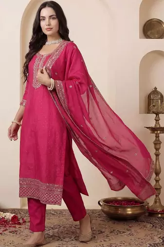 Women Ethnic Motifs Embroidered Regular Chanderi Cotton Kurta with Trousers & With Dupatta