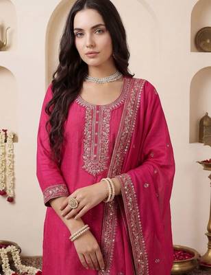Women Ethnic Motifs Embroidered Regular Chanderi Cotton Kurta with Trousers & With Dupatta 3