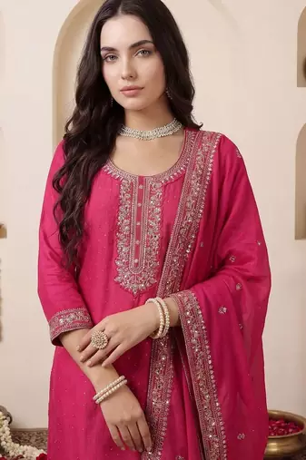 Women Ethnic Motifs Embroidered Regular Chanderi Cotton Kurta with Trousers & With Dupatta