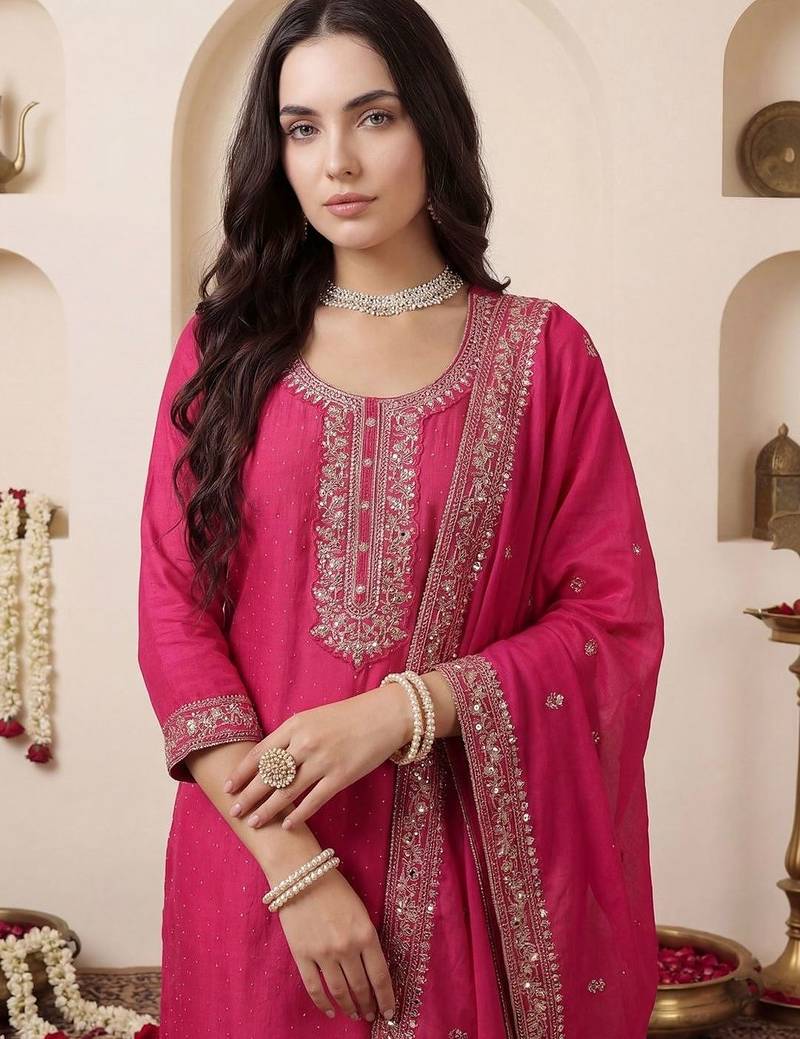 Women Ethnic Motifs Embroidered Regular Chanderi Cotton Kurta with Trousers & With Dupatta