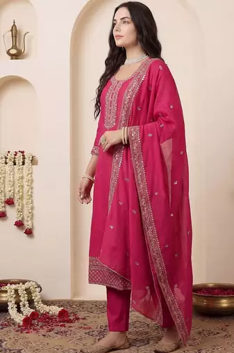 Women Ethnic Motifs Embroidered Regular Chanderi Cotton Kurta with Trousers & With Dupatta