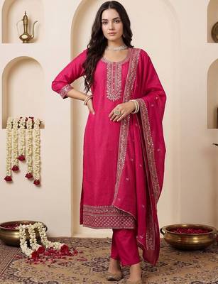 Women Ethnic Motifs Embroidered Regular Chanderi Cotton Kurta with Trousers & With Dupatta 5