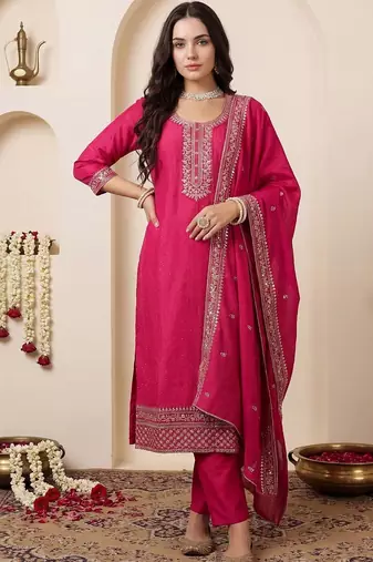Women Ethnic Motifs Embroidered Regular Chanderi Cotton Kurta with Trousers & With Dupatta