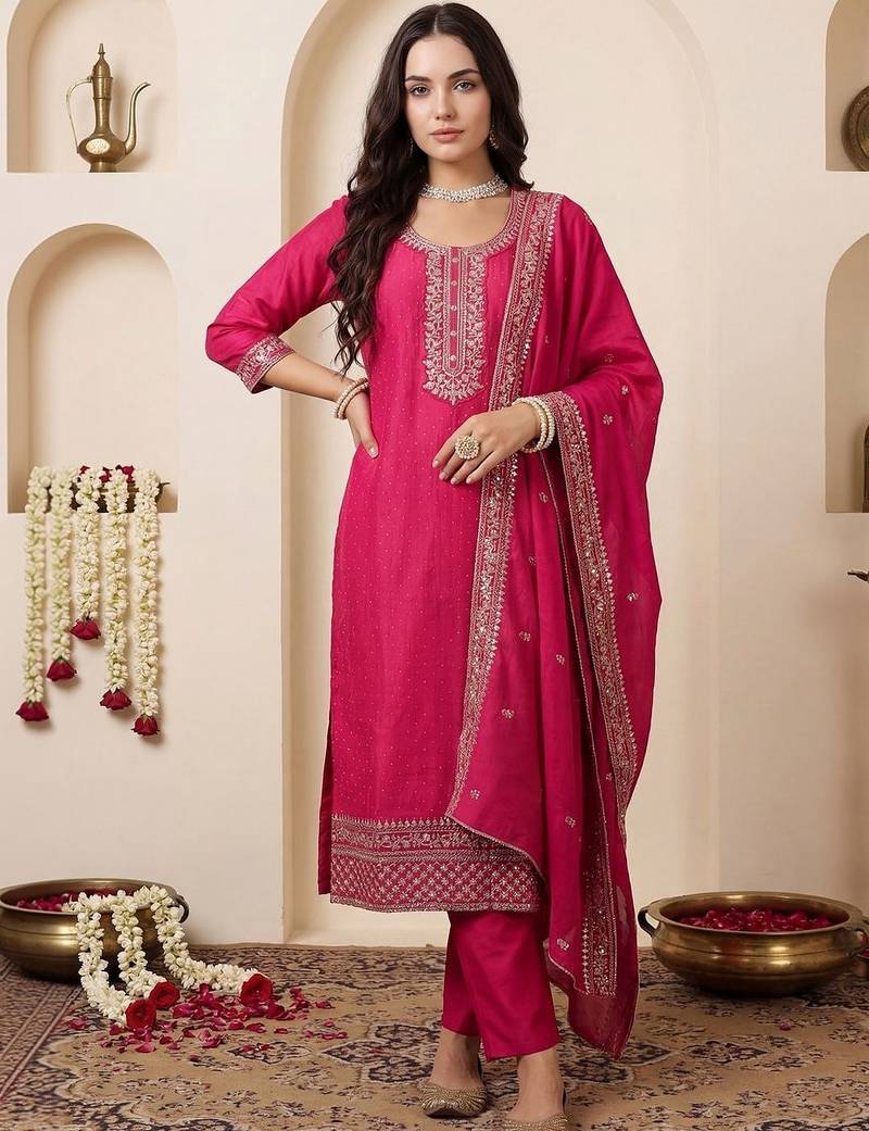 Women Ethnic Motifs Embroidered Regular Chanderi Cotton Kurta with Trousers & With Dupatta
