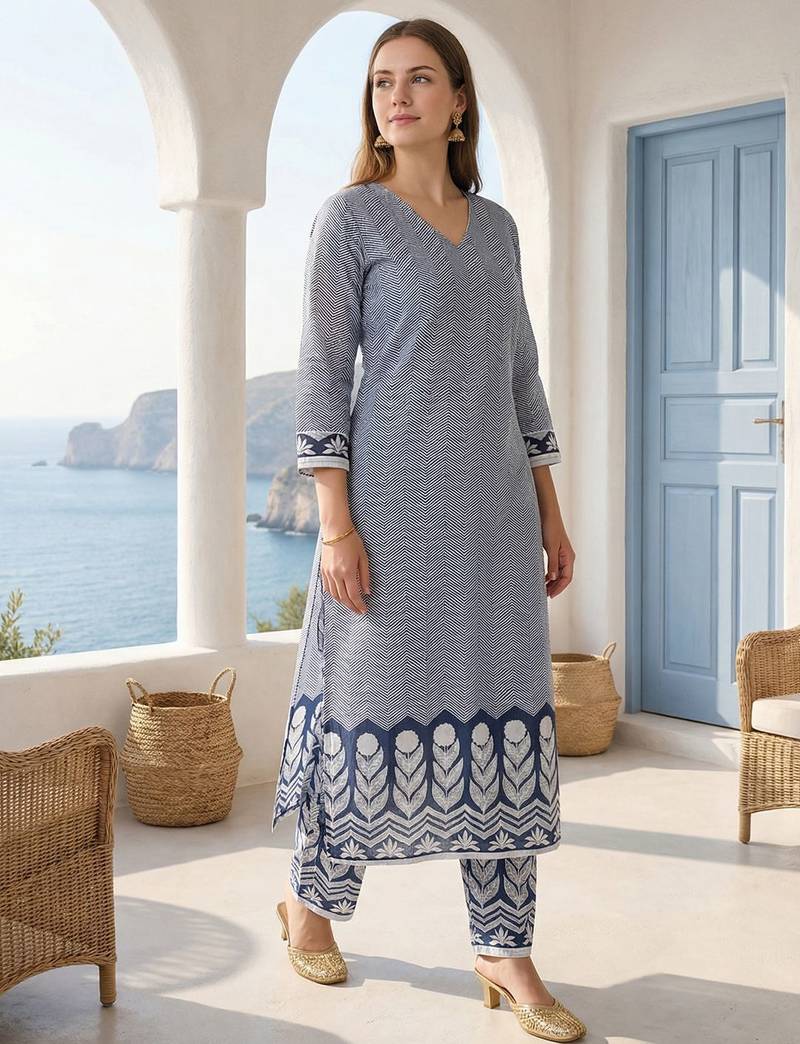 Women Printed Regular  Cotton Kurta with Trousers