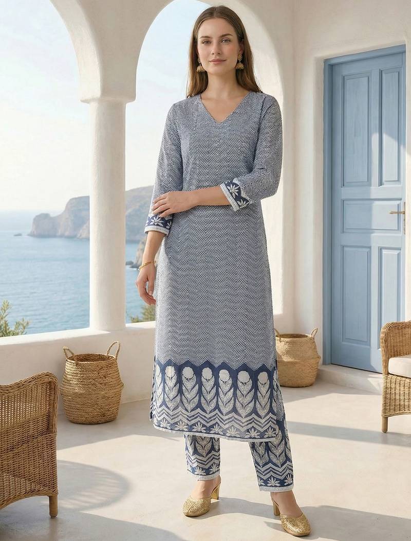 Women Printed Regular  Cotton Kurta with Trousers