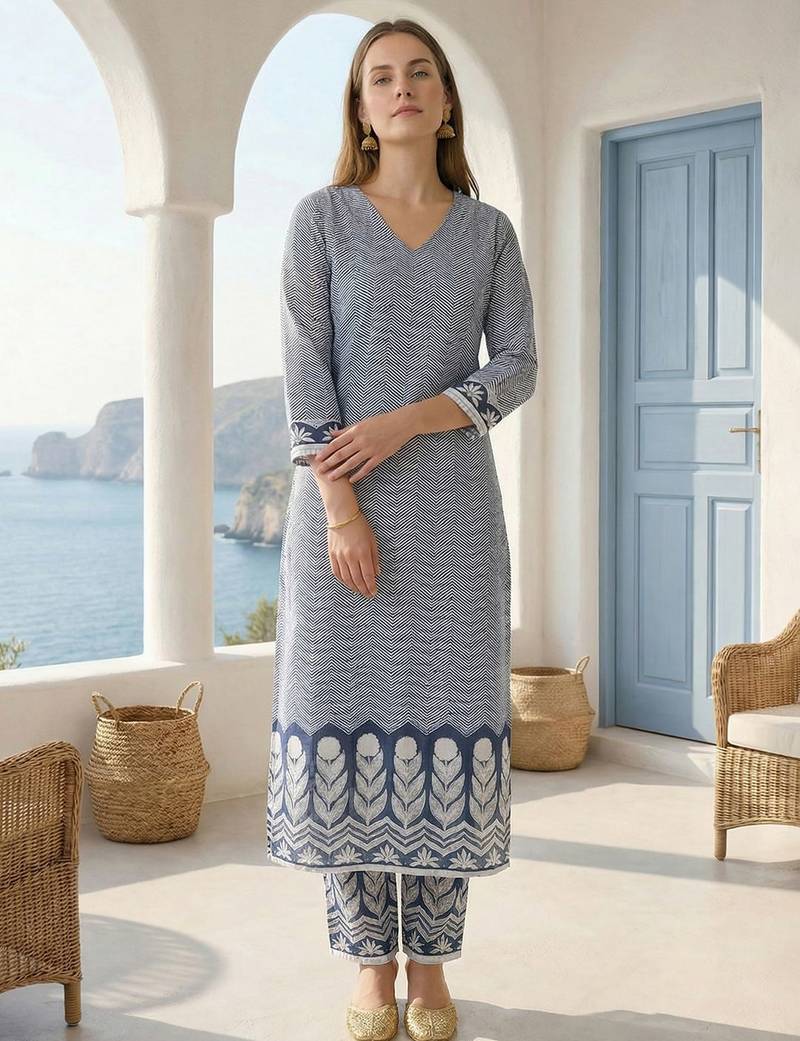 Women Printed Regular  Cotton Kurta with Trousers