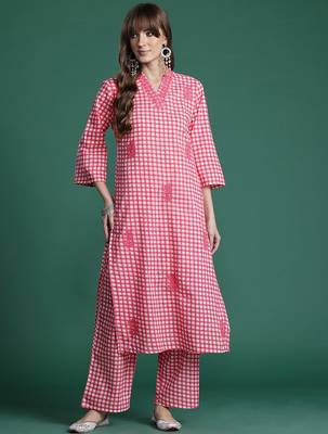 Checked Thread Work  Cotton Kurta with Trousers 1
