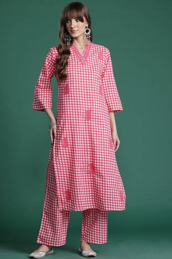 Checked Thread Work  Cotton Kurta with Trousers