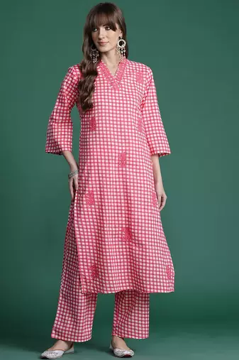 Checked Thread Work  Cotton Kurta with Trousers