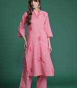 Checked Thread Work  Cotton Kurta with Trousers