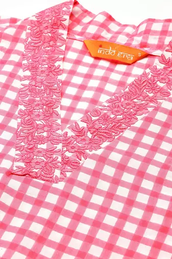 Checked Thread Work  Cotton Kurta with Trousers