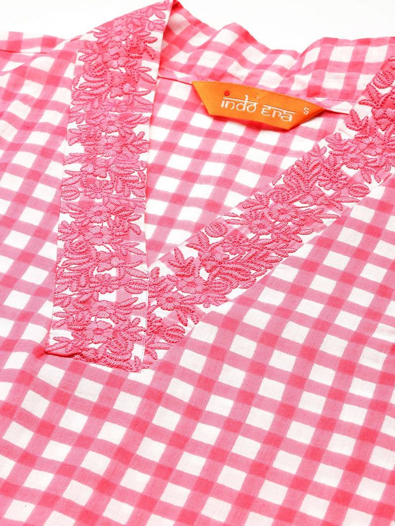 Checked Thread Work  Cotton Kurta with Trousers