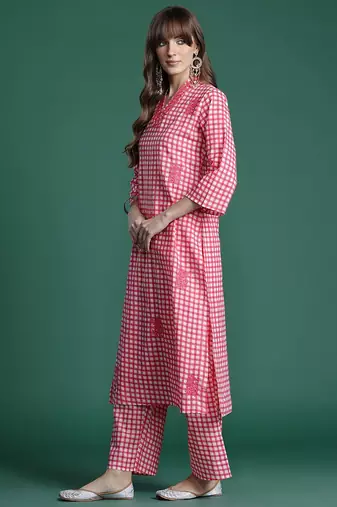 Checked Thread Work  Cotton Kurta with Trousers