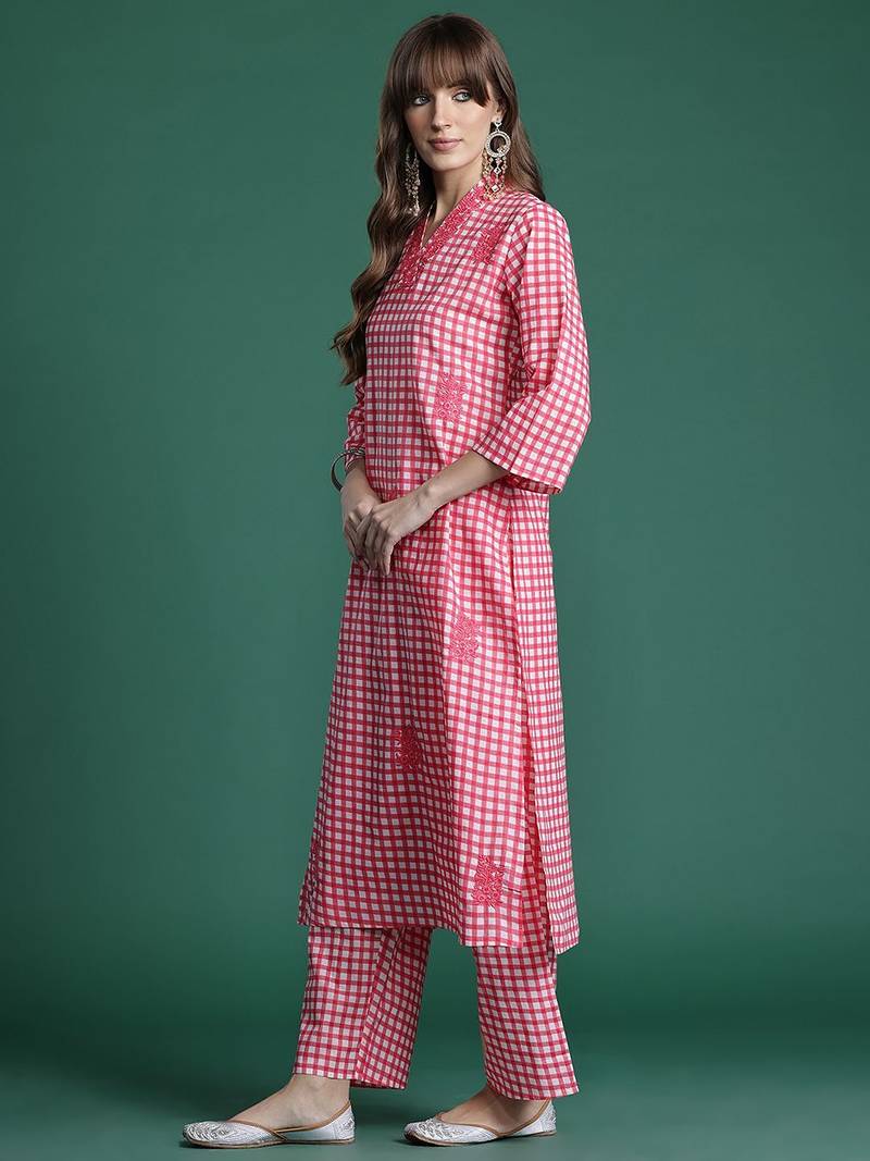Checked Thread Work  Cotton Kurta with Trousers