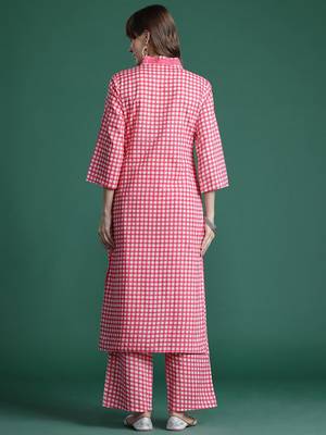 Checked Thread Work  Cotton Kurta with Trousers 5
