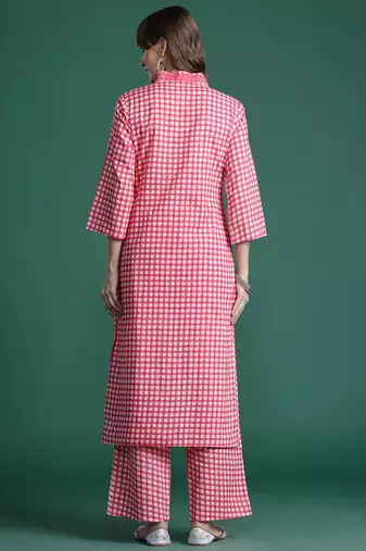 Checked Thread Work  Cotton Kurta with Trousers