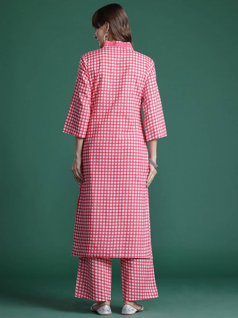Checked Thread Work  Cotton Kurta with Trousers