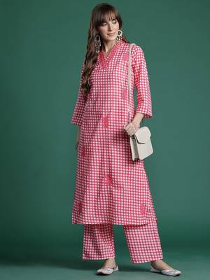Checked Thread Work  Cotton Kurta with Trousers 6