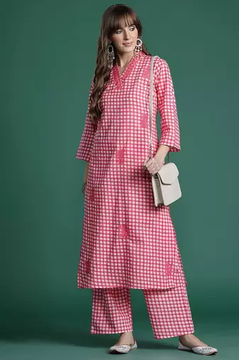 Checked Thread Work  Cotton Kurta with Trousers