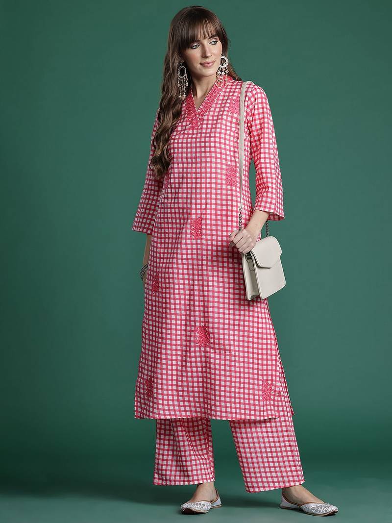 Checked Thread Work  Cotton Kurta with Trousers