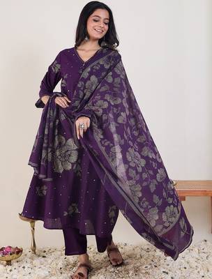 Floral Printed A-Line  Cotton Kurta With Trousers & Dupatta 1