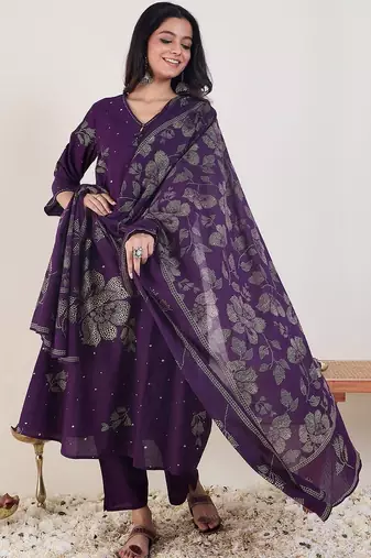 Floral Printed A-Line  Cotton Kurta With Trousers & Dupatta