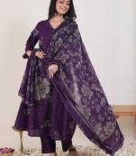 Floral Printed A-Line  Cotton Kurta With Trousers & Dupatta