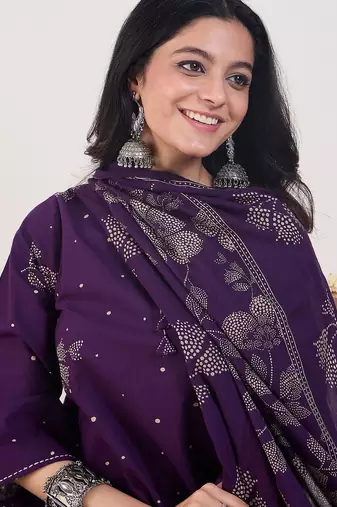 Floral Printed A-Line  Cotton Kurta With Trousers & Dupatta
