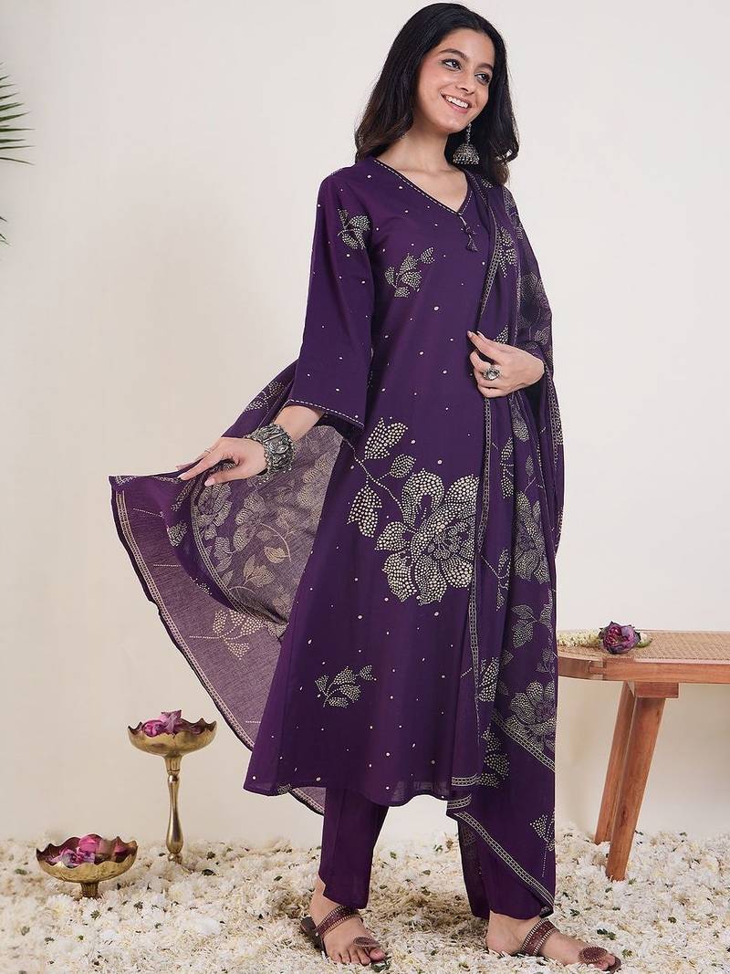 Floral Printed A-Line  Cotton Kurta With Trousers & Dupatta
