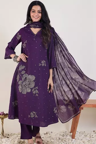 Floral Printed A-Line  Cotton Kurta With Trousers & Dupatta